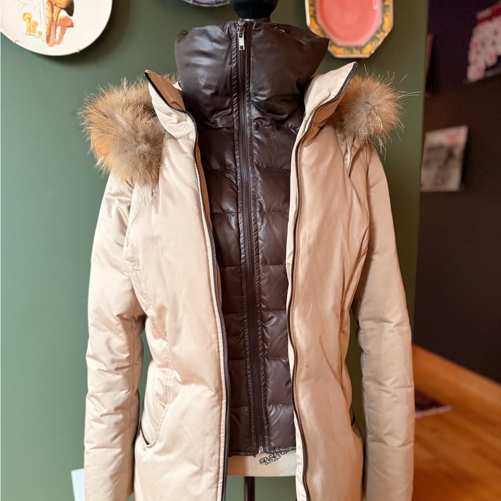 Soia & Kyo Beige and Brown Puffer Jacket with Fur Trim